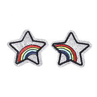 Honeyhandy Computerized Embroidery Cloth Iron On Patches, Costume Accessories, Appliques, Star with Rainbow, Silver, 47.5x50.5x1mm