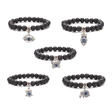 Honeyhandy Natural Lava Rock Round Beaded Stretch Bracelet, Alloy Charm with Resin Evil Eye Bracelet for Women, Black, Inner Diameter: 2-1/4 inch(5.6cm)