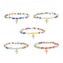 Honeyhandy Millefiori Glass Beaded Stretch Bracelet with 304 Stainless Steel Cross Charm for Women, Mixed Color, Inner Diameter: 2-1/8 inch(5.4cm)