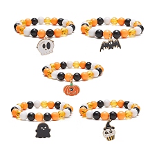 Honeyhandy Acrylic Round Beaded Stretch Bracelet, Alloy Enamel Charms Halloween Bracelet for Women, Mixed Patterns, Inner Diameter: 2-1/8~2-1/4 inch(5.4~5.7cm)