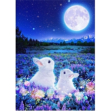 Honeyhandy DIY Rectangle Rabbit Theme Diamond Painting Kits, Including Canvas, Resin Rhinestones, Diamond Sticky Pen, Tray Plate and Glue Clay, Rabbits in the Moon Night, Blue, 400x300mm