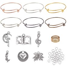 PandaHall Elite Bangle Bracelet Making Kit, Adjustable Expandable Bangle Bracelets Wire Blank Bracelets, 100 pcs Jump Rings， 60 pcs Tibetan Style Alloy Pendant Charms for Jewelry DIY Craft Making