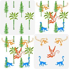 FINGERINSPIRE 2 Pcs Layered Jungle Monkeys Stencil 11.8x11.8 inch Tree Forest Drawing Painting Stencils Plastic Monkey Trees Pattern Stencil Template Reusable Stencils for Wood Wall Home Decor