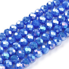 Honeyhandy Electroplate Glass Beads Strands, Opaque Solid Color, AB Color Plated, Faceted, Rondelle, Blue, 4x3mm, Hole: 0.4mm, about 123~127pcs/strand, 16.5~16.9 inch(42~43cm)