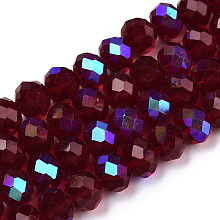 Honeyhandy Electroplate Glass Beads Strands, Half Rainbow Plated, Faceted, Rondelle, Dark Red, 4x3mm, Hole: 0.4mm, about 123~127pcs/strand, 16.5~16.9 inch(42~43cm)