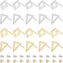 DICOSMETIC 40Pcs 4 Style Hollow Rhombus Stud Earring Triangle Shape Earring Blank Studs Posts with Hole Stainless Steel Ear Stud Components with Ear Nuts for Earring Making, Hole: 1mm, Pin: 0.8mm