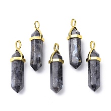 Honeyhandy Natural Labradorite Pointed Pendants, with Random Brass Pendant Hexagon Bead Cap Bails, Golden, Bullet, 38.5~40x12~12.5x10~11mm, Hole: 3x4.5mm