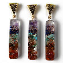 Honeyhandy Rectangle Epoxy Resin Big Pendants, with Natural Amethyst & Lapis Lazuli & Sodalite & Green Aventurine & Tiger Eye & Carnelian & Red Jasper Chips inside, and Iron Wire, Alloy Bails, Vortex Pattern, 50.5~51.5x10~11x8~9mm, Hole: 4.5x9mm