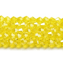 Honeyhandy Transparent Electroplate Glass Beads Strands, Pearl Luster Plated, Faceted, Bicone, Yellow, 4x4mm, Hole: 0.8mm, about 82~85pcs/strand, 30.5~31cm