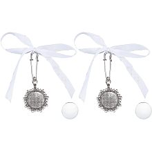 SUPERFINDINGS 2 Sets Bouquet Photo Charm Clear Glass Cabochons Wedding Memorial Pendants Antique Silver Wedding Boutonniere Oval Bouquet Charm Pin for Bridal Birthday Party