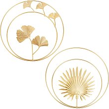 GORGECRAFT 2 Styles Round Sculpture Decor Gold Palm Ginkgo Leaf Wall Sculptures Art Iron Hollow Leaves Vintage Ornaments Bedroom Hanging Parts for Home Office Hotel Decorations Supplies