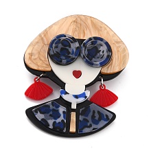 Honeyhandy Girl with Glasses Brooch, Fashion Acrylic Safety Lapel Pin for Backpack Clothes, PeachPuff, 64x53.5x9mm, Pin: 0.6mm