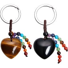 CHGCRAFT 2Pcs 2 Style Natural Stone Heart Crystal Keychain with 7 Pcs Gemstone Key Ring Tiger Eye Keyring Charm Gemstone Beads Tassel Keyring for Collar Decoration Keychain Accessories, 6cm