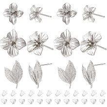 BENECREAT 12PCS 3 Styles Brass Studs, Platinum Flower and Leaf Studs, Brass Studs with Loops and 30PCS Plastic Studs for DIY Earring Crafting Supplies, Pin: 0.5-0.8mm