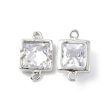 Honeyhandy Clear Glass Connector Charms, with Brass Findings, Faceted, Square Links, Platinum, 12x7.5x3.5mm, Hole: 1mm