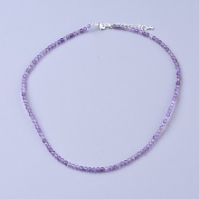 Honeyhandy Natural Amethyst Beaded Necklaces, with Brass Lobster Claw Clasps, Faceted Round Beads, 16.5 inch~16.7 inch(42~42.5cm)x3~3.5mm