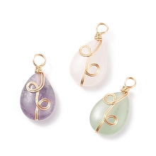 Honeyhandy Natural Mixed Stone Pendants, Twisted with Golden Tone Copper Wire, Teardrop, 25x13x7mm, Hole: 3.9mm