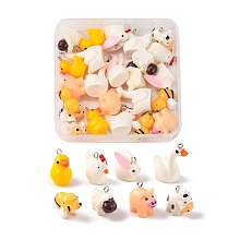 Honeyhandy 32Pcs 8 Style Opaque Resin Pendants, with Platinum Tone Iron Loop, 3D Pig & Duck & Bee & Cygnet & Chick & Rabbit & Calf & Sheep, Mixed Color, 15~29x15~26x10~16mm, Hole: 1.8~2mm, 4pcs/style