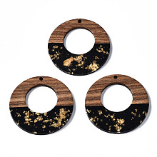 Honeyhandy Resin & Walnut Wood Pendants, with Gold Foil, Two Tone, Donut, Black, 38x3mm, Hole: 2mm