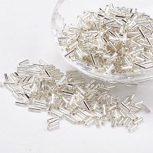 Honeyhandy Glass Bugle Beads, Silver Lined, Gainsboro, 12x2mm, Hole: 0.5mm, about 5000pcs/bag