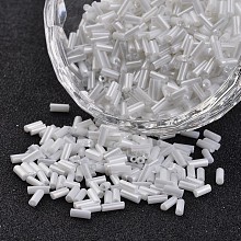 Honeyhandy Transparent Colours Pearl Luster Plated Round Hole Glass Bugle Beads, White, 2~5x1.8~2mm, Hole: 0.8mm, about 12000pcs/450g