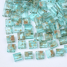 Honeyhandy 2-Hole Transparent Glass Seed Beads, Antique Style, Rectangle, Dark Turquoise, 5x4.5~5.5x2~2.5mm, Hole: 0.5~0.8mm