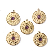 Honeyhandy Vacuum Plating 201 Stainless Steel Natural Amethyst Pendants, Real 18K Gold Plated, Flat Round with Eye Charms, 18.5x16x4mm, Hole: 1.6mm