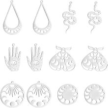 DICOSMETIC 12pcs 6 Styles 201 Stainless Steel Teardrop/Phase of The Moon/Palm with Eye/Snake/Beetle Charms Moon and Star Theme Charms Laser Cut Pendants for Jewelry Making