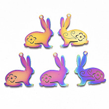 Honeyhandy Easter Ion Plating(IP) 201 Stainless Steel Pendants, Etched Metal Embellishments, Rabbit, Rainbow Color, 30x25x0.3mm, Hole: 1.8mm