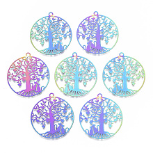 Honeyhandy Ion Plating(IP) 201 Stainless Steel Filigree Pendants, Etched Metal Embellishments, Flat Round with Heart Tree & Lover Cat, for Valentine's Day, Rainbow Color, 33.5x30.5x0.4mm, Hole: 2mm