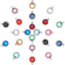 UNICRAFTALE 22pcs 11 Colors Rhinestone Charms Stainless Steel Birthstone Pendants Flat Round Faceted Charms for DIY Jewelry Making 1.3mm Hole