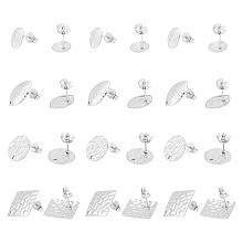 Unicraftale 24Pcs 4 Style Round Oval Rhombus 304 Stainless Steel Stud Earring Findings, with Hole, Mixed Shapes, Stainless Steel Color, 10~20x7.5~20mm, Hole: 1.2~1.4mm, Pin: 0.7~0.8mm, 6pcs/style