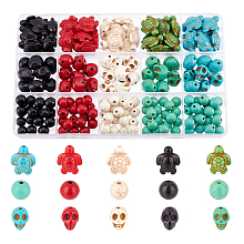 Arricraft 200pcs 15 Style Synthetic Turquoise Beads Strands, Dyed, Skull & Tortoise & Round, Mixed Color, 8~18x8~14x6~11mm, Hole: 1mm, 200pc/box