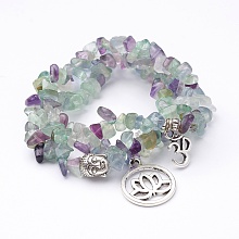 Honeyhandy Natural Fluorite Stretch Bracelet Sets, with Tibetan Style Alloy Pendants, Antique Silver, 2 inch(48mm)~2-1/8 inch(53mm)