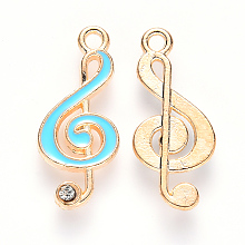 Honeyhandy Alloy Enamel Pendants, with Crystal Rhinestone, Musical Note, Light Gold, Sky Blue, 22x10x2mm, Hole: 1.6mm