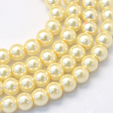 Baking Painted Pearlized Glass Pearl Round Bead Strands, LemonChiffon, 6~7mm, Hole: 1mm; about 145pcs/strand, 31.4 inches