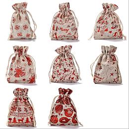 Honeyhandy 24Pcs 8 Styles Christmas Theme Cotton Gift Packing Pouches Drawstring Bags, for Christmas Valentine Birthday Party Candy Wrapping, Red, Mixed Patterns, 14.3x10cm, 8pattern, 3pcs/pattern, 24pcs