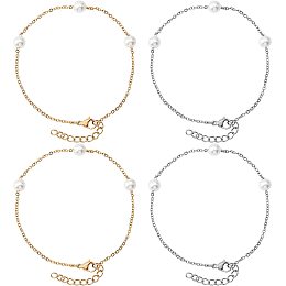 UNICRAFTALE 4Pcs 2 Colors Acrylic Pearl Beaded Bracelets Set 304 Stainless Steel Women Simple Chain Bracelet with Pearl Beads 180mm Long Acrylic Pearl Beaded Women Hand Chain for Jewlry Making