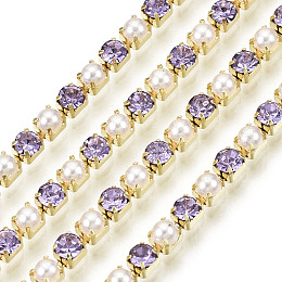 Honeyhandy Brass Rhinestone Strass Chains, with ABS Plastic Imitation Pearl, Rhinestone Cup Chain, Grade A, Raw(Unplated), Violet, 2x2mm, 4000pcs rhinestone/bundle, about 32.8 Feet(10m)/bundle