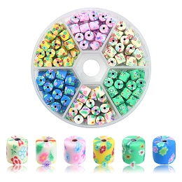 Honeyhandy 150Pcs 6 Colors Handmade Polymer Clay Beads, Column with Flower, Mixed Color, 6x5mm, Hole: 1mm, 25pcs/color