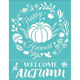 OLYCRAFT 2Pcs Autumn Themed Self-Adhesive Silk Screen Pumpkin Reusable Sign Stencils Happy Harvest Mesh Stencils for Painting on Home Wall Dining Room - 11x8.6 Inch