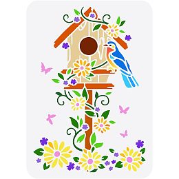 FINGERINSPIRE Bird House Stencil 11.7x8.3 inch Flowers Butterfly Stencils Plastic Bird Daisy Leaves Pattern Template Reusable DIY Art and Craft Birdhouse Stencils for Floor Wall Tile Fabric Furniture