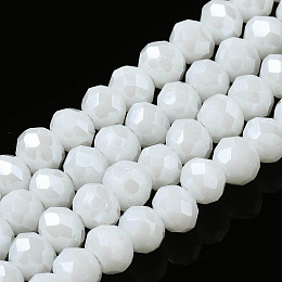 Honeyhandy Electroplate Glass Beads Strands, Pearl Luster Plated, Faceted, Rondelle, White, 10x8mm, Hole: 1mm, about 65~66pcs/strand, 20.8~21.2 inch(53~54cm)