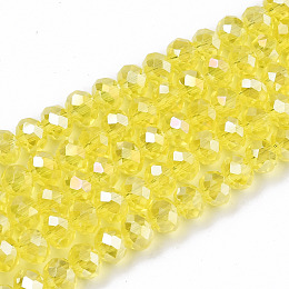 Honeyhandy Electroplate Glass Beads Strands, AB Color Plated, Faceted, Rondelle, Champagne Yellow, 4x3mm, Hole: 0.4mm, about 123~127pcs/strand, 16.5~16.9 inch(42~43cm)