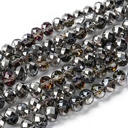 Honeyhandy Electroplate Glass Faceted Rondelle Beads Strands, Half Silver Plated, Light Grey, 10x8mm, Hole: 1mm, about 63~65pcs/strand, 19.2~20 inch(48~50cm)