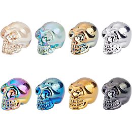 NBEADS 8 Pcs Mini Halloween Skull Decorations, 0.85" Glass Skeleton Statue Assorted Crystal Skull Sculpture 8 Colors Glass Skull Beads Charm for Home Table Party Display Ornaments Art