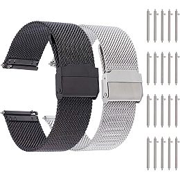 DICOSMETIC 2 Sets 2 Colors Watch Strap Stainless Steel Mesh Watch Band Quick Release and 10Pcs Watch Bands Spring Bar Pins Black Smart 25mm Replacement Watch Wristbands for Men Women Teen