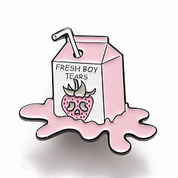 Honeyhandy Word Fresh Boy Tears Enamel Pin, Strawberry Milk Alloy Badge for Backpack Clothes, Electrophoresis Black, Pink, 29x30.5x1.5mm, Pin: 1.2mm