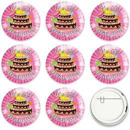 GLOBLELAND 9 Pcs Happy Birthday Button Pins Happy Birthday to You Buttons Pink Cake Pattern for Adults or Kids Men or Women Brooches or Birthday Party 2-1/4 Inch