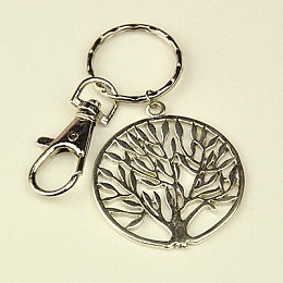 Honeyhandy Tibetan Style Tree of life Keychain, with Iron Key Clasp Findings and Alloy Swivel Clasps, Platinum, 100mm